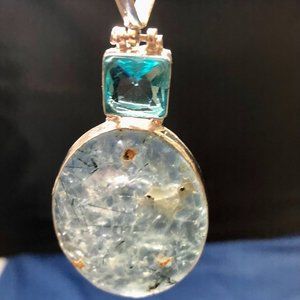 Huge Prehnite, Blue Topaz Gemstones, 925 Stamped Necklace.
